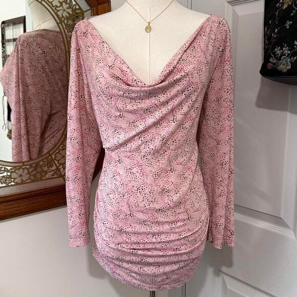 Mix It Pink & Brown Dotted Bubbly Pattern Cowl Neck Ruched Form Fitting Top XL - Picture 1 of 8